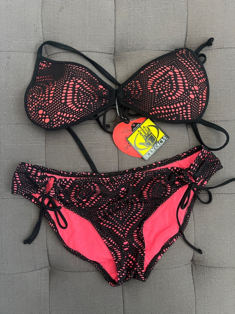 Body Glove Black Crochet Bikini w/ Hot Neon Coral Pink Lining ~ XS ~ NWT
